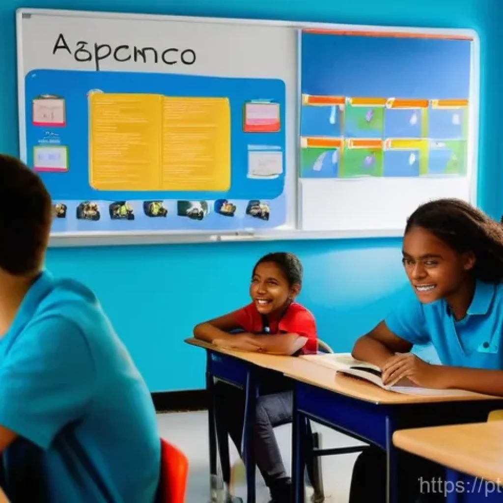 에듀테크 활용을 위한 교사 교육 프로그램 - **Prompt:** A vibrant, modern classroom in a Brazilian school, bathed in natural light. A diverse gr...