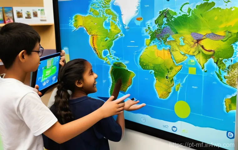 에듀테크와 기후 변화 교육의 연관성 - **Immersive Virtual Reality for Climate Awareness**
    A bright, clean classroom where a diverse gr...