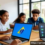 Home 20 에듀테크의 사회적 영향 - A diverse group of Brazilian high school students using adaptive learning platforms on laptops and t...