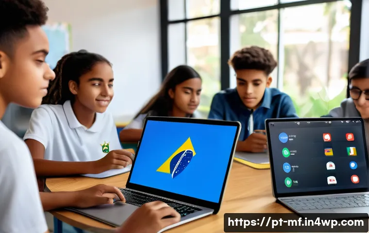 에듀테크의 사회적 영향 - A diverse group of Brazilian high school students using adaptive learning platforms on laptops and t...