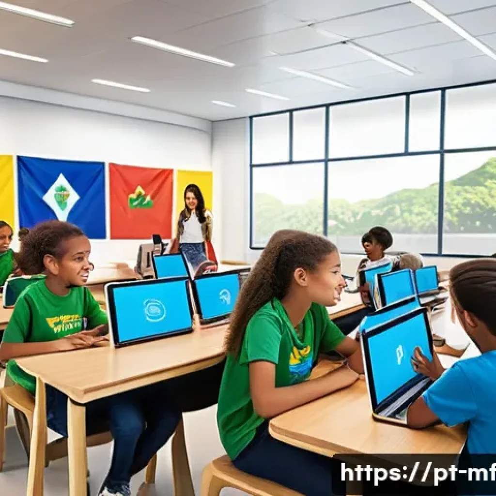 에듀테크로 인한 교육의 개인화 - A modern digital classroom scene in a bright, spacious room featuring diverse students of various ag...