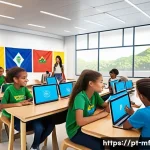 Home 18 에듀테크로 인한 교육의 개인화 - A modern digital classroom scene in a bright, spacious room featuring diverse students of various ag...