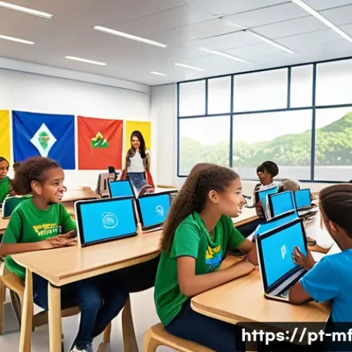 Home 30 에듀테크로 인한 교육의 개인화 - A modern digital classroom scene in a bright, spacious room featuring diverse students of various ag...