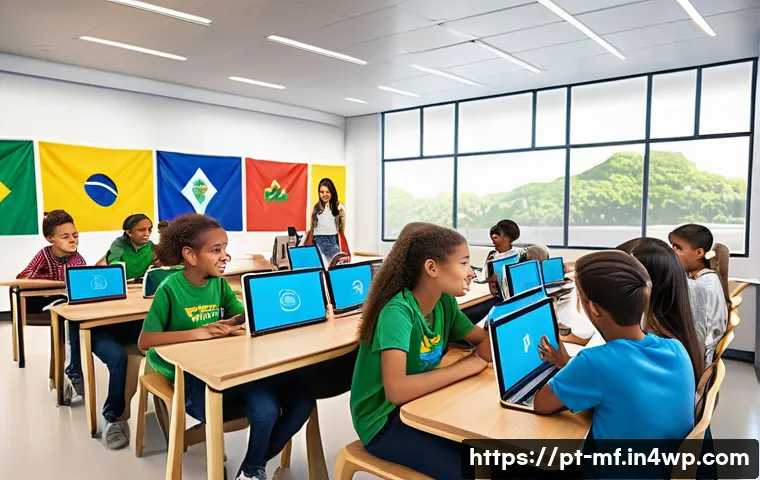 에듀테크로 인한 교육의 개인화 - A modern digital classroom scene in a bright, spacious room featuring diverse students of various ag...
