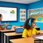 Home 23 인터랙티브 학습 자료 개발 방법 - A modern Brazilian classroom scene with diverse students actively engaged in learning using digital ...