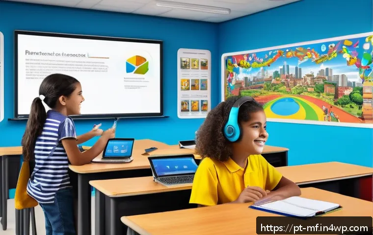 인터랙티브 학습 자료 개발 방법 - A modern Brazilian classroom scene with diverse students actively engaged in learning using digital ...