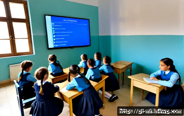 에듀테크와 전통 교육의 통합 가능성 - Photorealistic Portuguese primary school classroom in Lisbon, diverse children in modest school unif...