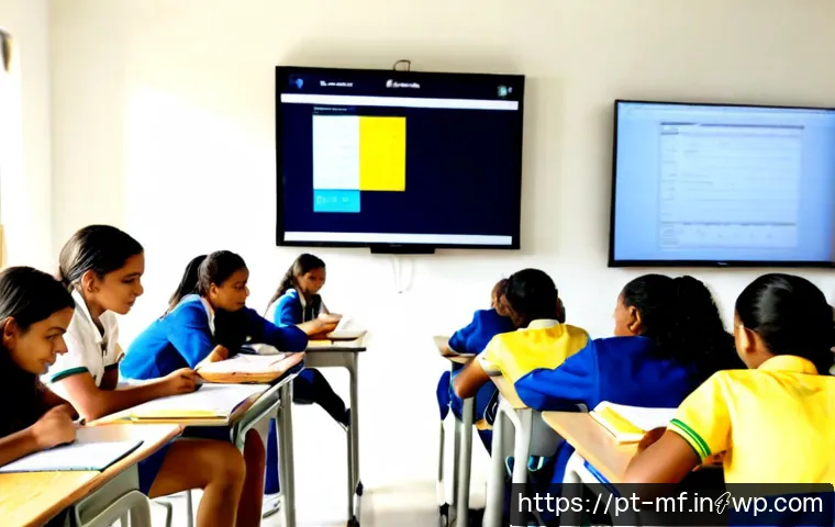 Home 17 에듀테크에서의 데이터 분석 활용법 - Photorealistic Brazilian middle-school classroom in São Paulo, diverse students wearing neat casual ...