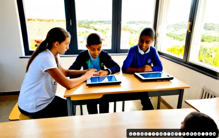 지속 가능한 에듀테크 솔루션 개발 - Photorealistic sustainable edtech classroom in Portugal, diverse middle-school students using durabl...
